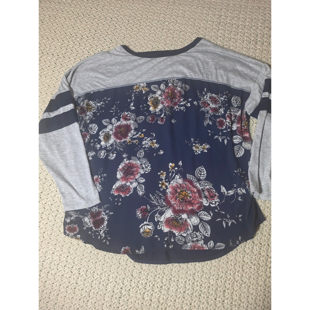 Rewind Floral Mixed Media Top Womens 1X Navy Grey Excellent Varsity Stripe Tee